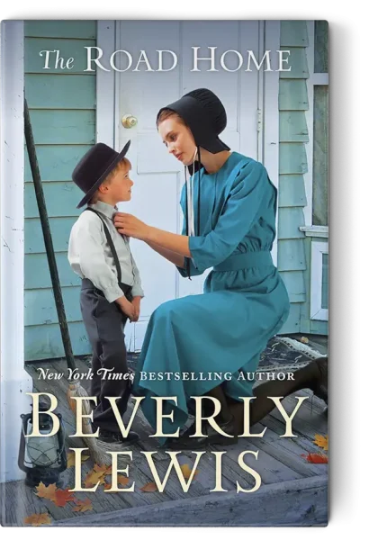 Amish woman kneeling down to straighten young boy's shirt