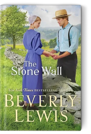 Amish man and woman holding hands over a stone wall