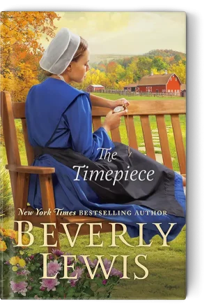 Amish woman holding a watch sitting on a bench